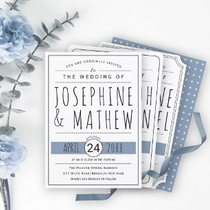 Modern black, white typography dusty blue wedding invitation