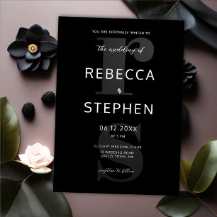 Modern Black White Typography Monograms Wedding Invitation