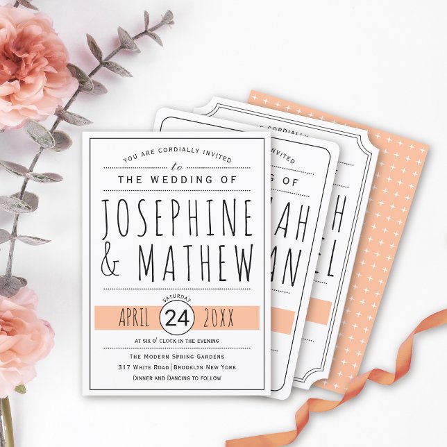 Modern black, white typography peach wedding invitation (Creator Uploaded)