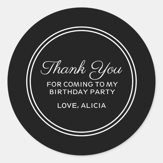 Modern Black & White Typography Thank You Birthday Classic Round Sticker (Front)