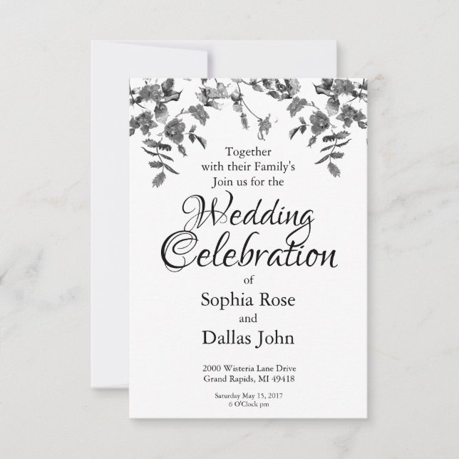 Modern black white watercolor roses wedding invitation (Front)