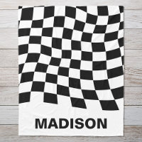 Modern Black White Wavy Chequered Pattern Monogram