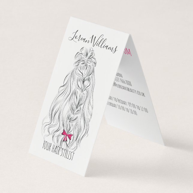 Modern Black White Wavy Hair Pink Bow Hairstyling  Business Card (Front)