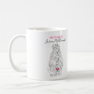 Modern Black White Wavy Hair Pink Bow Hairstyling Coffee Mug