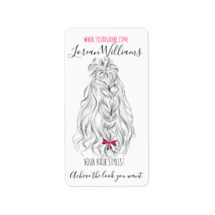 Modern Black White Wavy Hair Pink Bow Hairstyling  Label