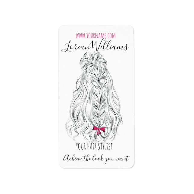 Modern Black White Wavy Hair Pink Bow Hairstyling  Label (Front)