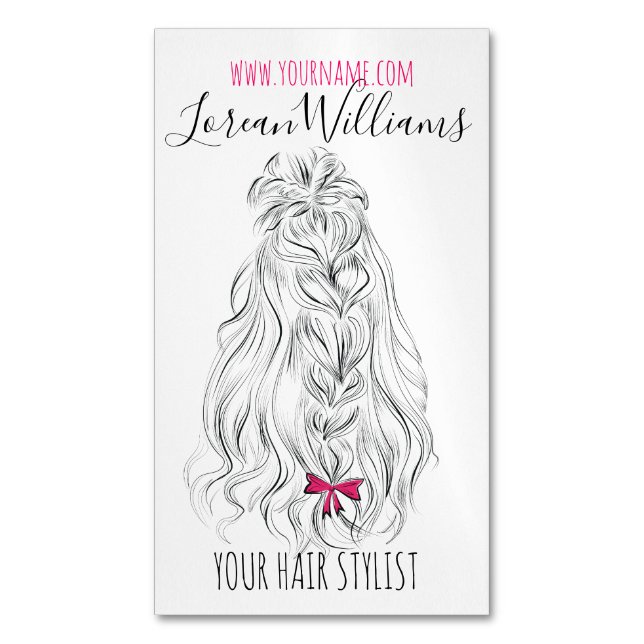 Modern Black White Wavy Hair Pink Bow Hairstyling  Magnetic Business Card (Front Vertical)
