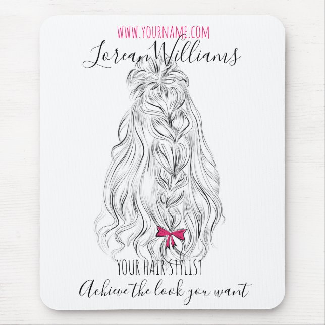 Modern Black White Wavy Hair Pink Bow Hairstyling  Mouse Pad (Front)