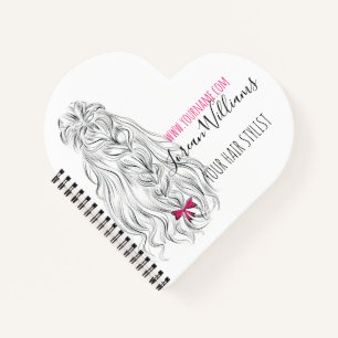 Modern Black White Wavy Hair Pink Bow Hairstyling  Notebook
