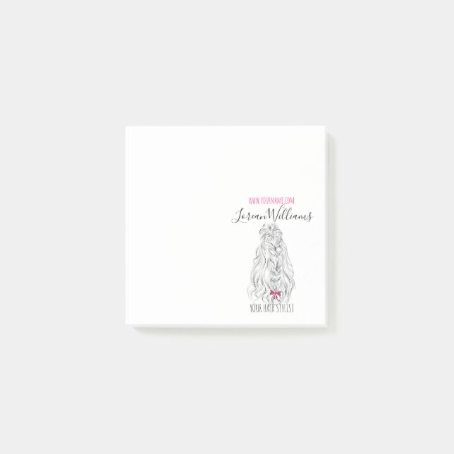 Modern Black White Wavy Hair Pink Bow Hairstyling  Post-it Notes (Front)