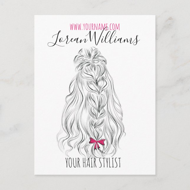 Modern Black White Wavy Hair Pink Bow Hairstyling  Postcard (Front)