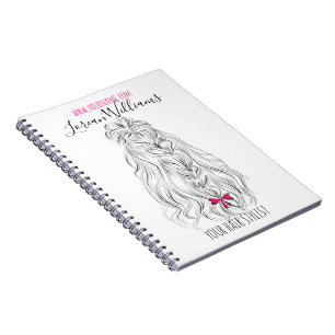Modern Black White Wavy Hair Pink Bow Hairstyling  Spiral Notebook