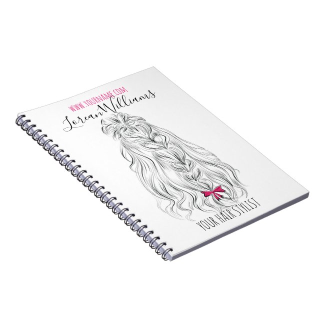 Modern Black White Wavy Hair Pink Bow Hairstyling  Spiral Notebook (Right Side)