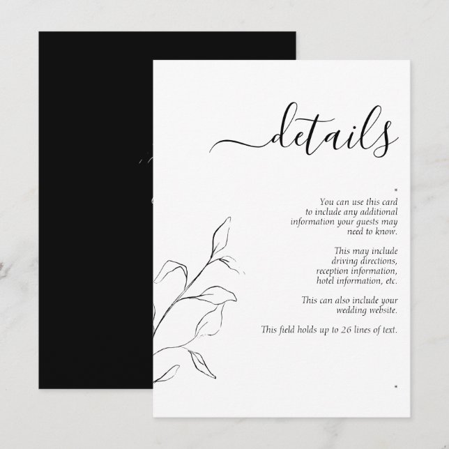 Modern Black White Wedding Details Enclosure Card (Front/Back)