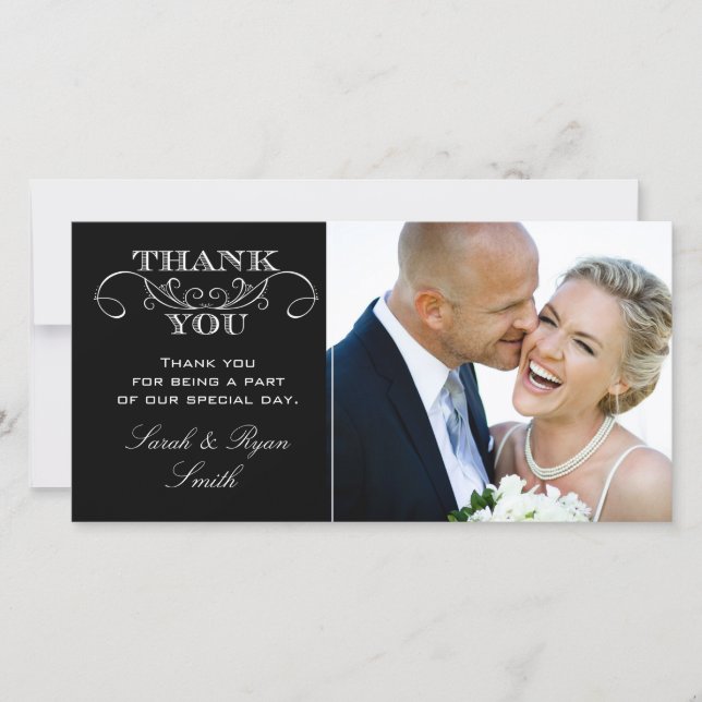Modern Black & White Wedding Photo Thank You Cards (Front)