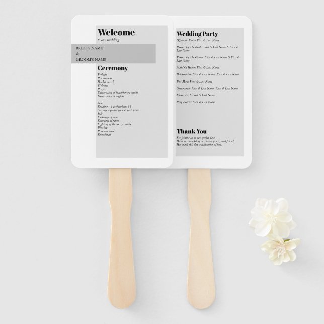 Modern Black & White Wedding Program Hand Fan (Front and Back)