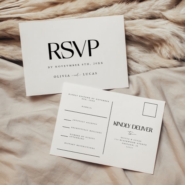 Modern Black & White Wedding RSVP Postcard (Creator Uploaded)