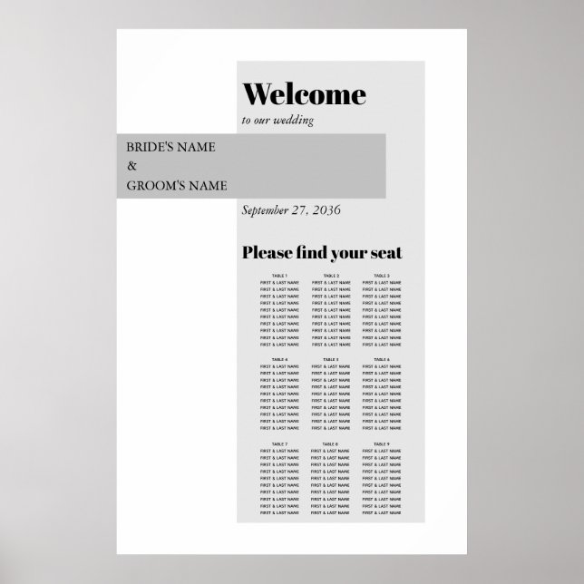 Modern Black & White Wedding Seating Chart (Front)