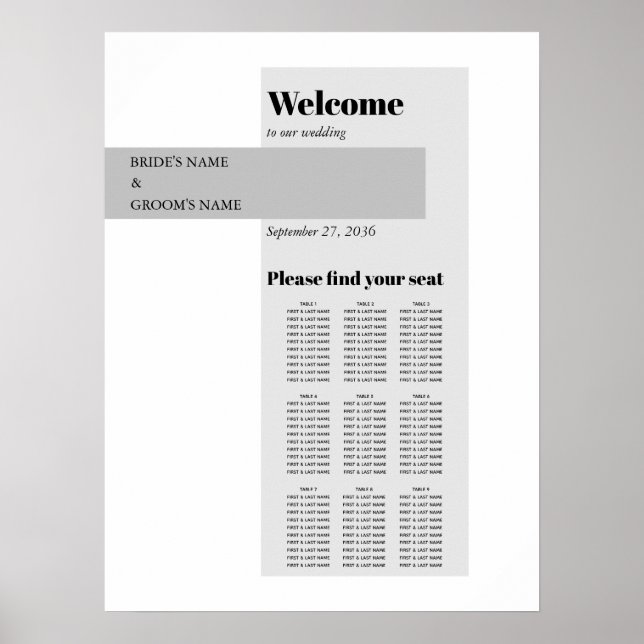 Modern Black & White Wedding Seating Chart (Front)