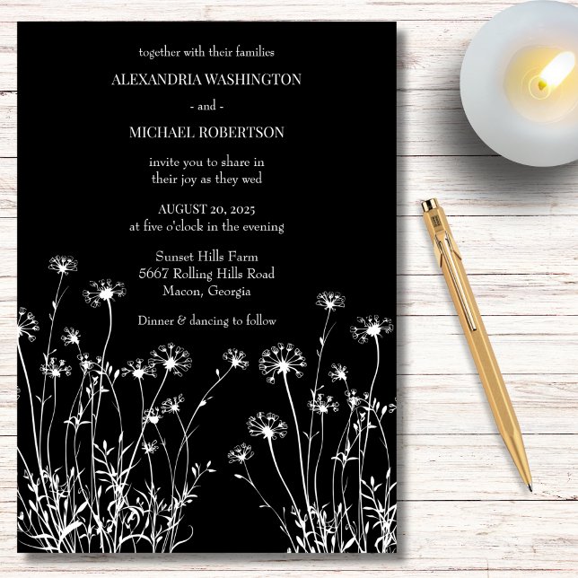 Modern Black & White Wildflower Wedding Invitation (Creator Uploaded)
