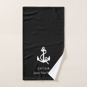 Modern black white Your Boat Name Anchor  Hand Towel