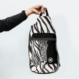Modern Black White Zebra Stripe Print Name Initial Sling Bag