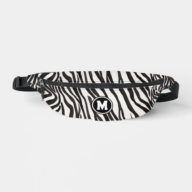 Modern Black White Zebra Stripe With Bold Monogram Bum Bags (Front)