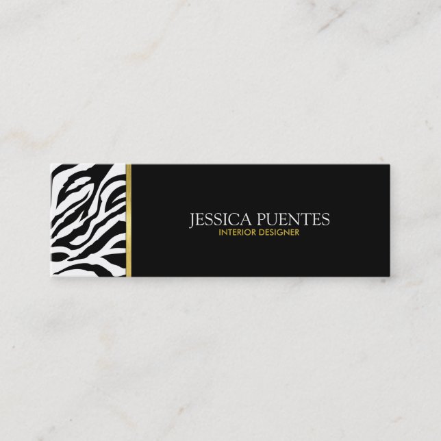 Modern Black & White Zebra Stripes with Gold Mini Business Card (Front)