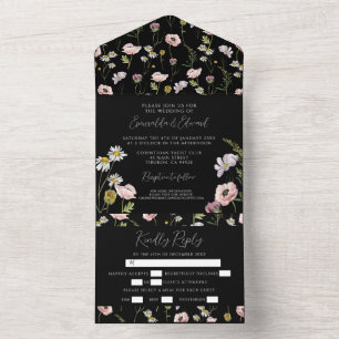 Modern Black Wild Flower Botanical Garden Wedding All In One Invitation