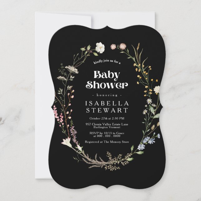 Modern Black Wildflower Elegant Baby Shower Invitation (Front)