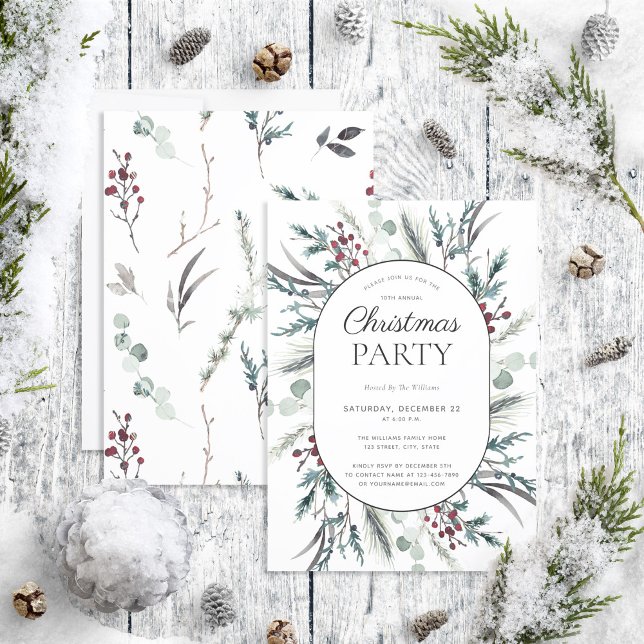 Modern Black Winter Botanical Christmas Party Invitation (Creator Uploaded)