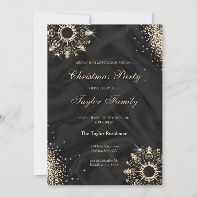 Modern Black Winter Gold Snow Christmas Party Invitation (Front)