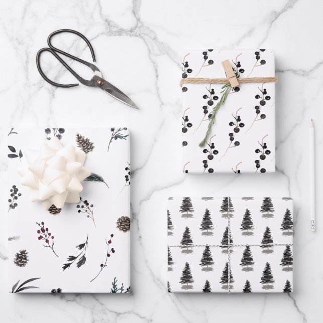 Modern Black Winter Pinecone Watercolor Wrapping Paper Sheet (Front)