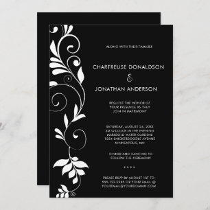 Modern Black with White Botanical Vines Wedding Announcement