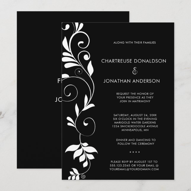 Modern Black with White Botanical Vines Wedding | Announcement (Front/Back)