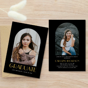 Modern Black Yellow 2 Photo Arch Graduation Party Invitation