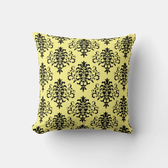 Modern Black Yellow Damask Pattern Cushion (Front)