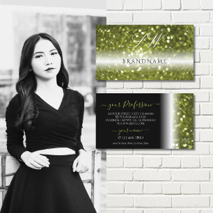 Modern Black Yellow Green Sparkle Glitter Initials Business Card