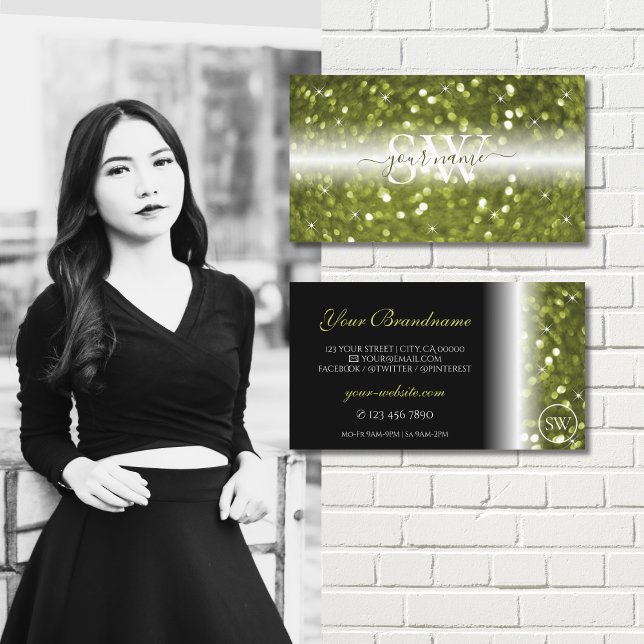 Modern Black Yellow Green Sparkle Glitter Monogram Business Card (Creator Uploaded)