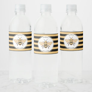 Modern Black Yellow Stripes Bee Birthday Party Water Bottle Label