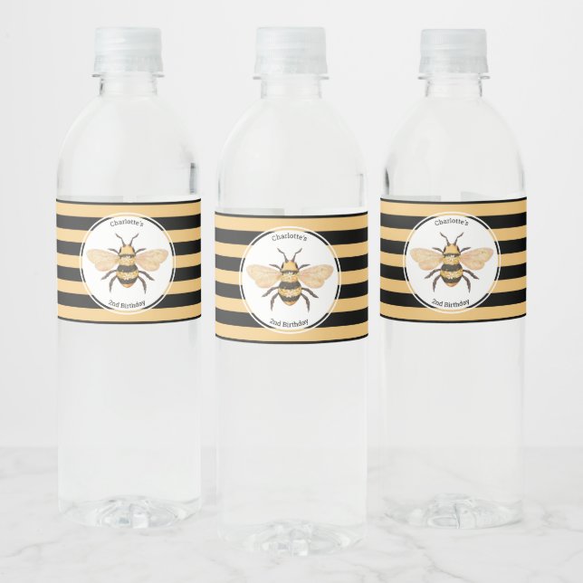 Modern Black Yellow Stripes Bee Birthday Party Water Bottle Label (Bottles)