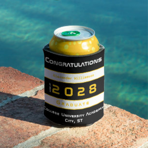 Modern Black Yellow White Graduation Party  Can Cooler