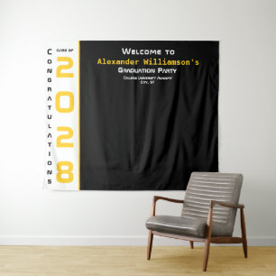 Modern Black Yellow White Graduation Party Welcome Tapestry