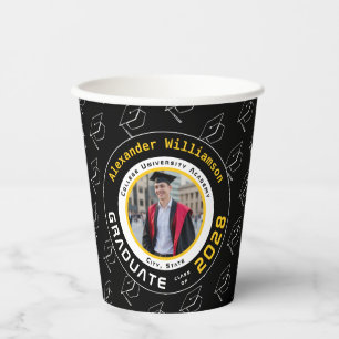 Modern Black Yellow White Graduation Photo Party Paper Cups