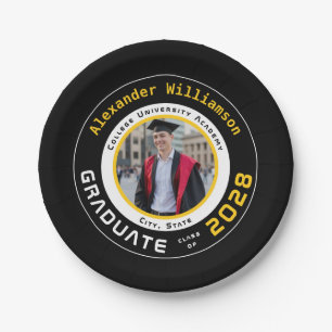 Modern Black Yellow White Graduation Photo Party Paper Plate