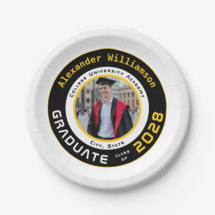 Modern Black Yellow White Graduation Photo Party Paper Plate