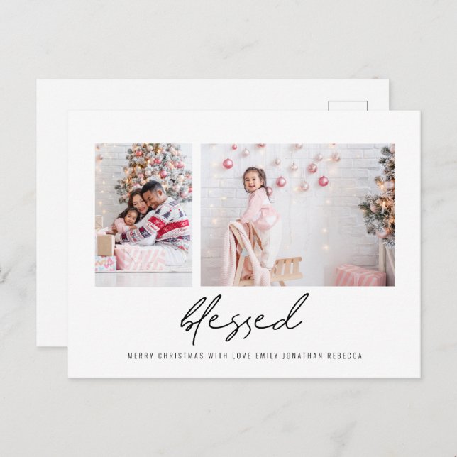 Modern Blessed 2 Photos Script Christmas Postcard (Front/Back)