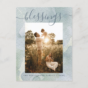 Modern Blessings Blue Watercolor Christmas Holiday Postcard