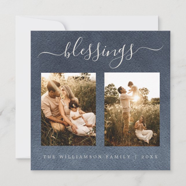 Modern Blessings Dark Blue Christmas Photo Holiday Card (Front)