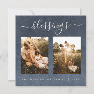 Modern Blessings Dark Blue Christmas Photo Holiday Card